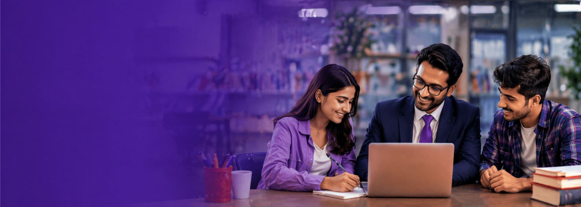  Education consultancy banner showing a counselor guiding students with 
laptop discussion in a professional academic environment
